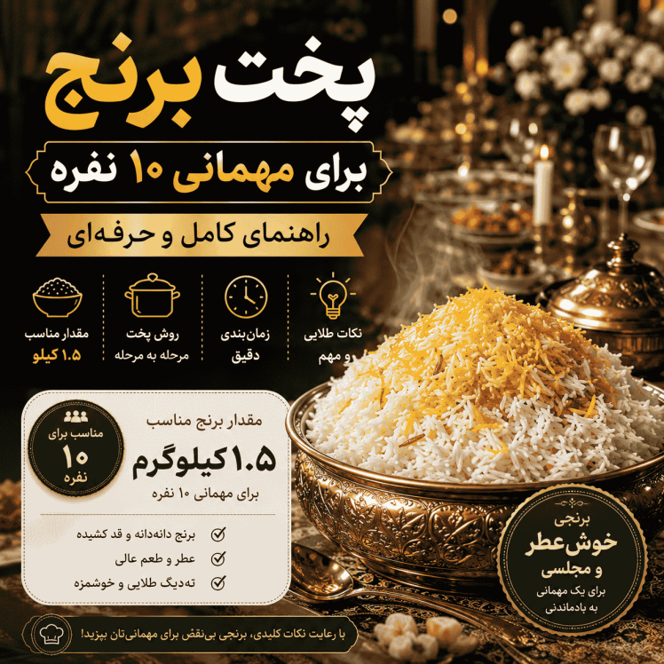 برنج برای مهمانی ۱۰ نفره | مقدار دقیق، روش پخت و نکات حرفه‌ای